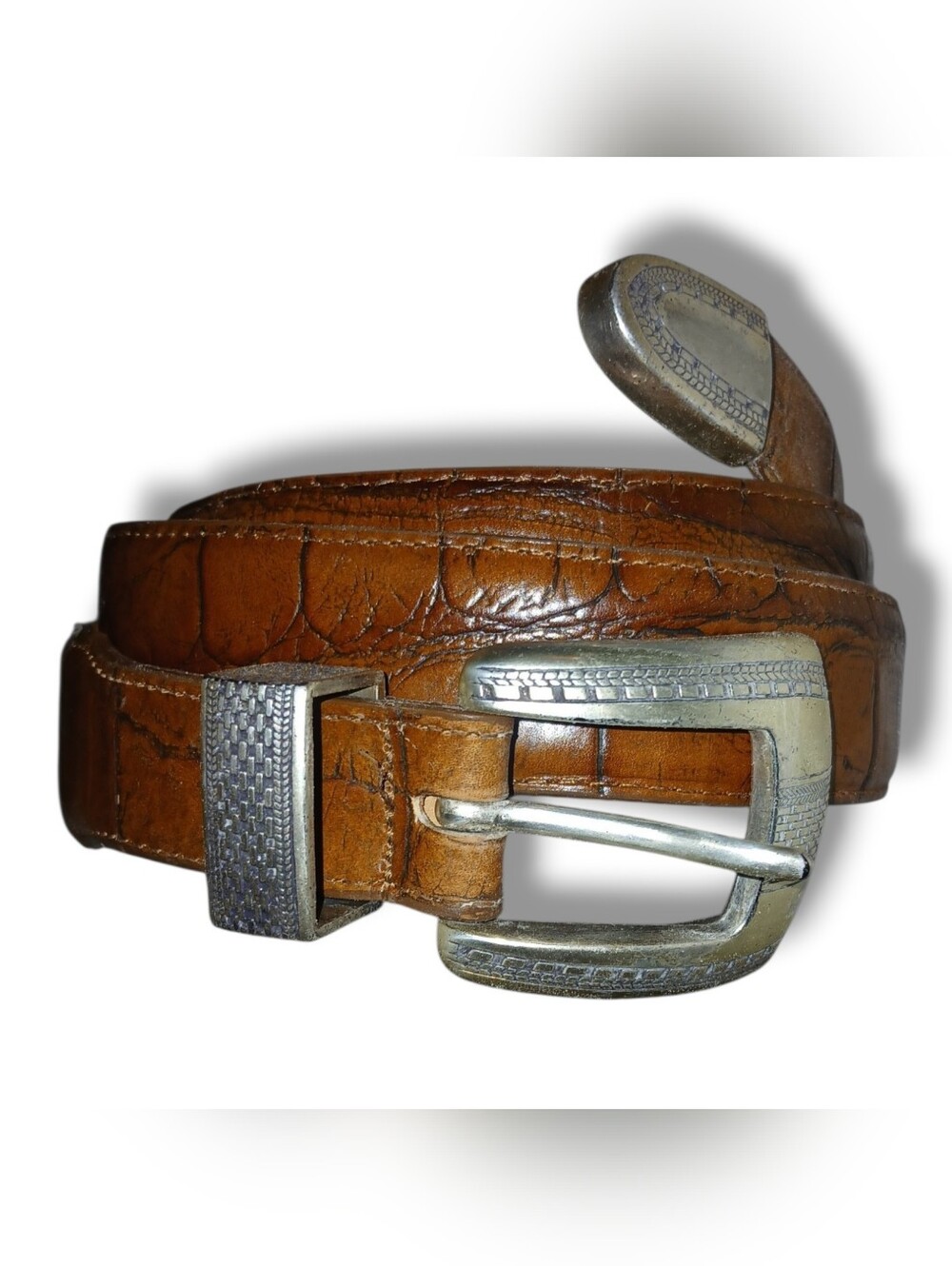 Pre-loved Men's Vintage Onyx by Brighton Crocodile Embossed Belt, Size 42